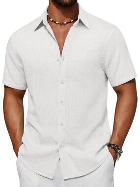 Men's White Short Sleeve Button Down Cotton Linen Beach Shirt Pocket